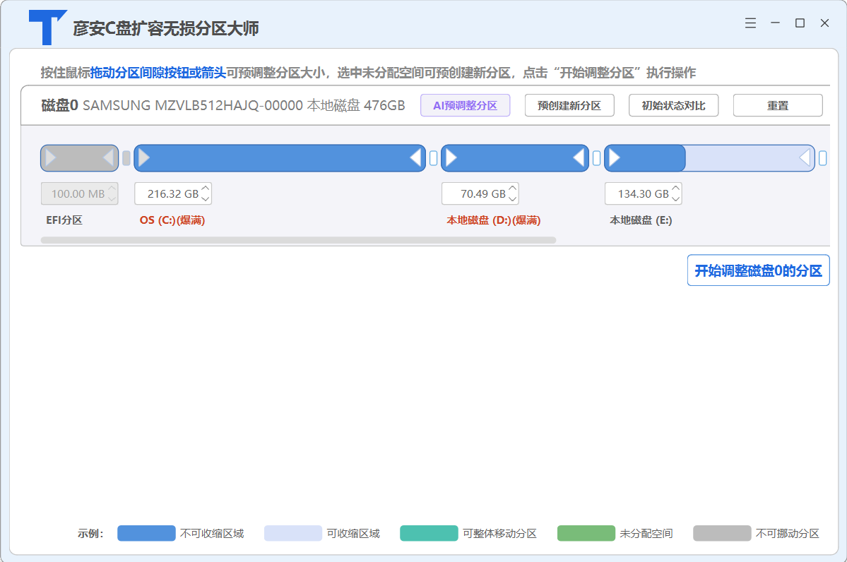 彦安C盘扩容无损分区大师分区界面